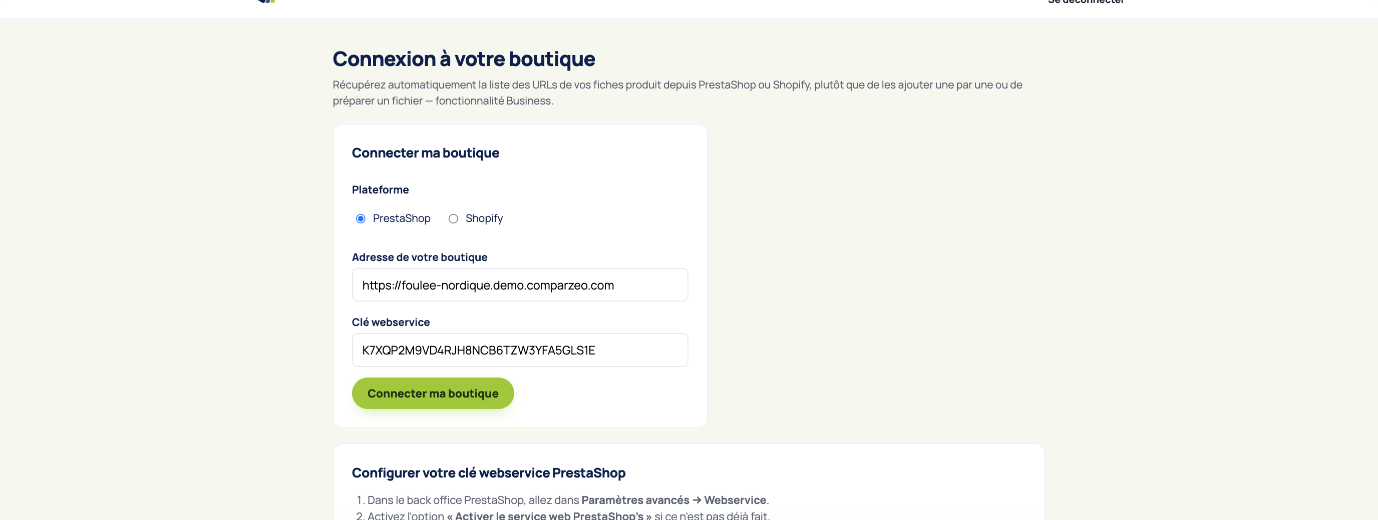 Écran de connexion d'une boutique PrestaShop à Comparzeo