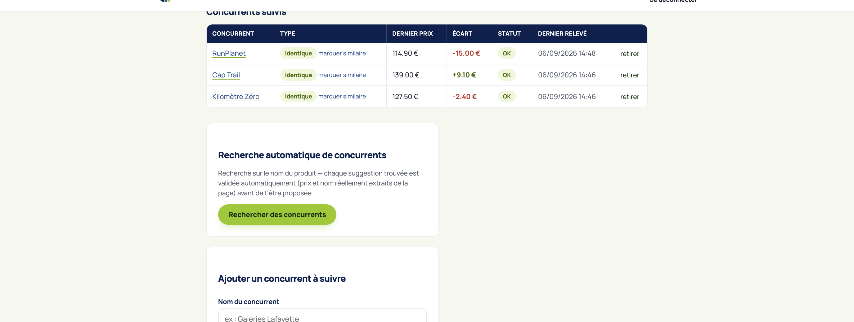 Ajout d'un concurrent à surveiller en collant l'adresse de sa page produit